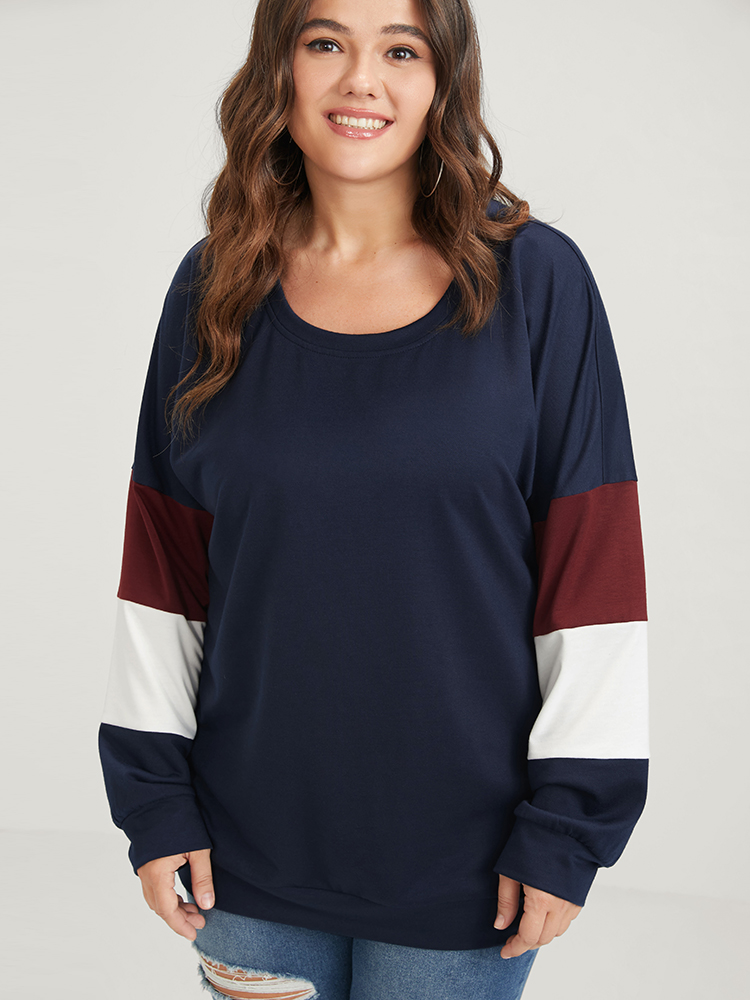 

Plus Size Colorblock Patchwork Round Neck Drop Shoulder Sweatshirt Women Navy Casual Contrast Round Neck Dailywear Sweatshirts BloomChic