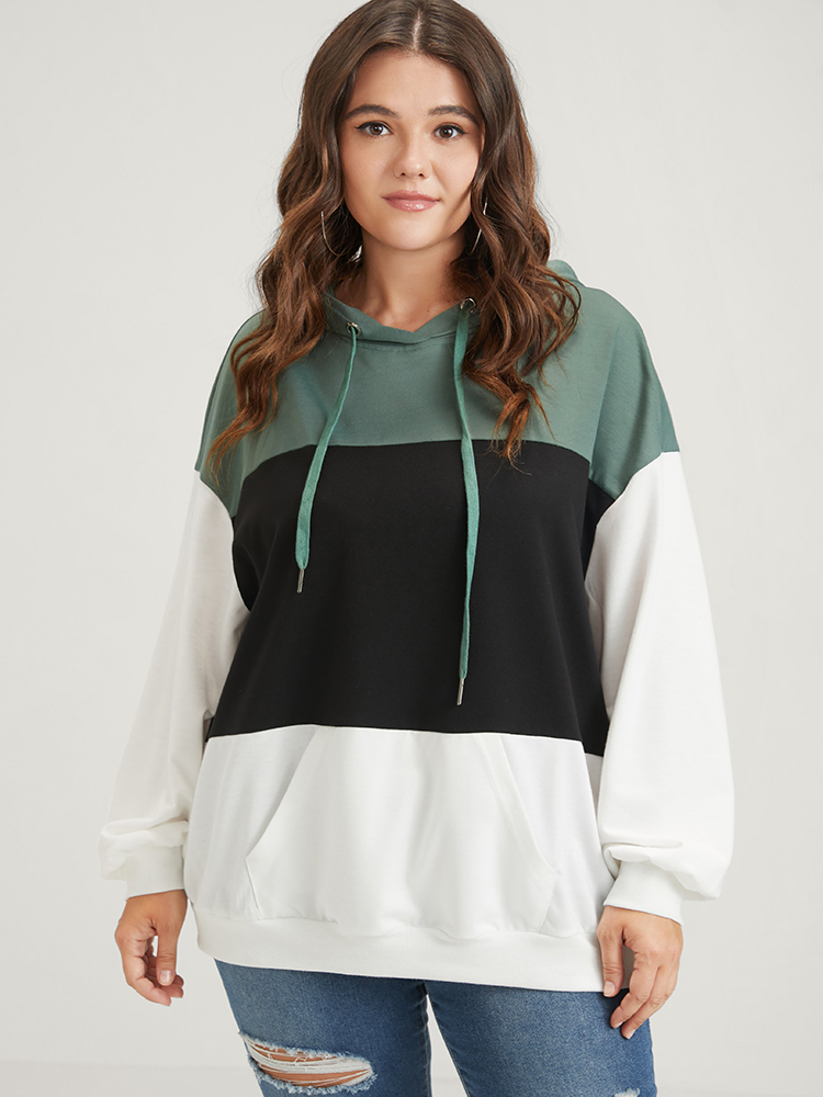 Plus Size Colorblock Contrast Drawstring Pocket Hooded Drop Shoulder Sweatshirt Women Multicolor Casual Contrast Hooded Dailywear Sweatshirts BloomChic 10/M 