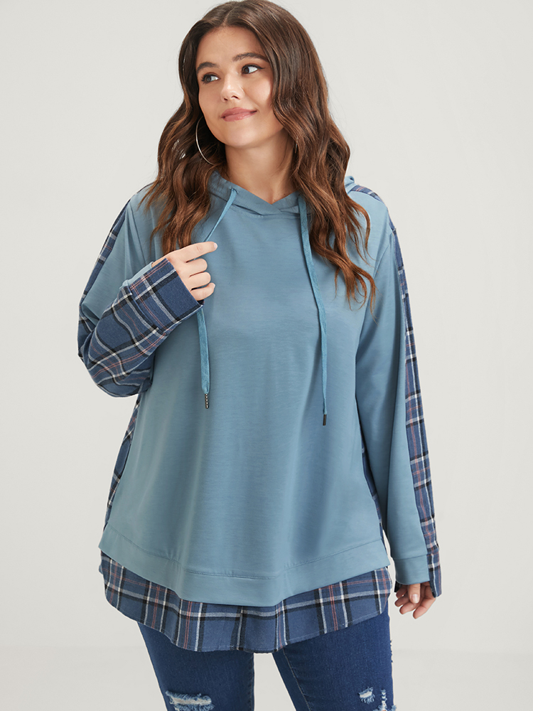 Plus Size Women Dailywear Plaid Contrast Loose Regular Sleeve Long Sleeve Hooded Casual Sweatshirts BloomChic 