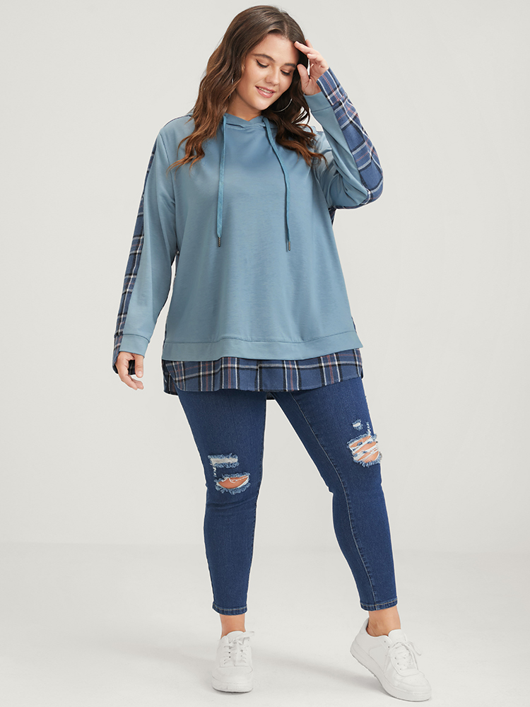 Plus Size Women Dailywear Plaid Contrast Loose Regular Sleeve Long Sleeve Hooded Casual Sweatshirts BloomChic 