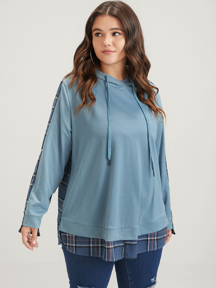 Plus Size Women Dailywear Plaid Contrast Loose Regular Sleeve Long Sleeve Hooded Casual Sweatshirts BloomChic 