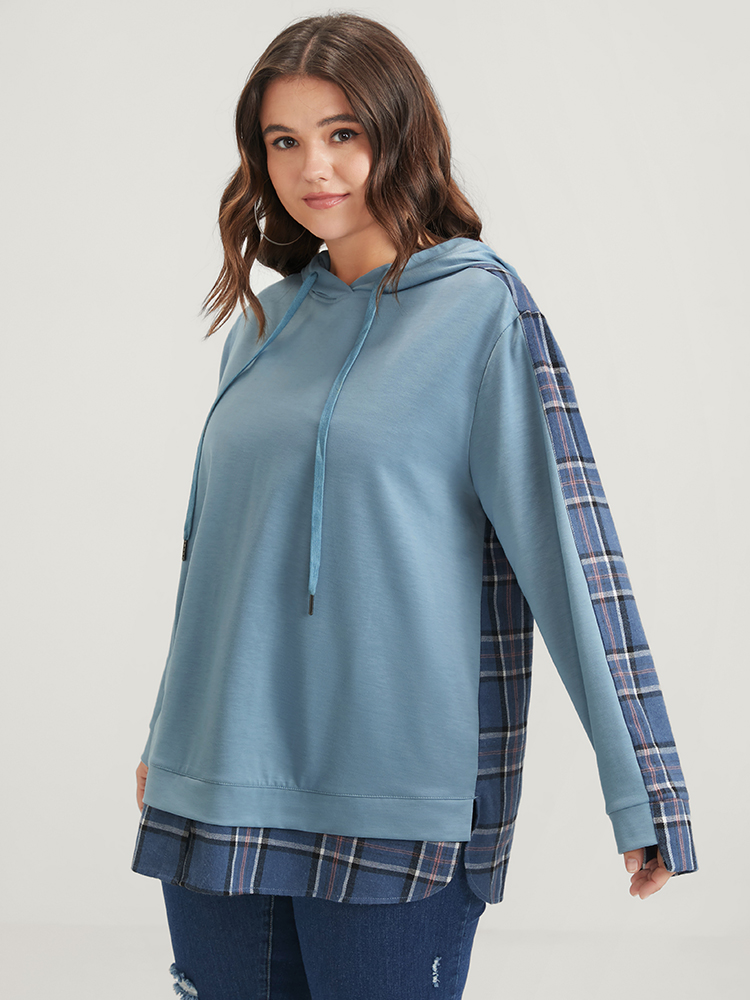 Plus Size Women Dailywear Plaid Contrast Loose Regular Sleeve Long Sleeve Hooded Casual Sweatshirts BloomChic 