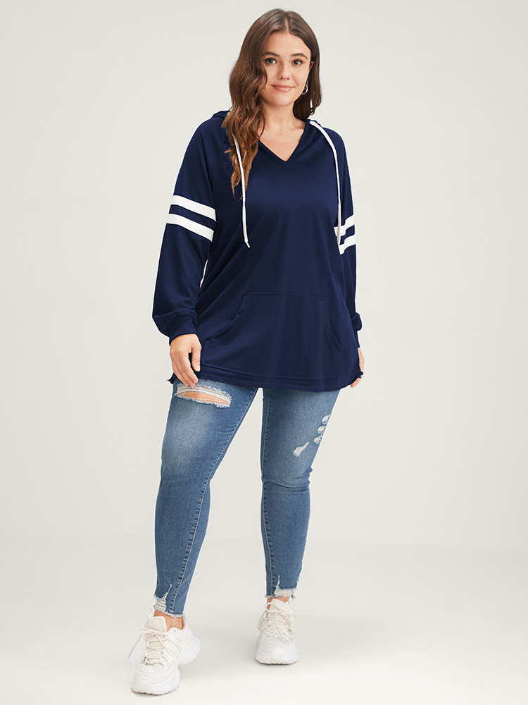 

Plus Size Solid Contrast Pocket Drawstring Hooded Sweatshirt Women DarkBlue Casual Contrast Hooded Dailywear Sweatshirts BloomChic