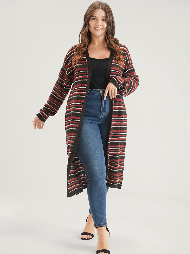 

Plus Size Striped Contrast Pointelle Knit Pocket Open Front Long Cardigan Multicolor Women Casual Loose Long Sleeve Dailywear Cardigans BloomChic