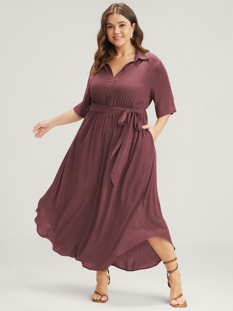 

Belted Shirt Collar Button Plus Size Shirtdress Women Workleisure Plain Sleeve Short Sleeve Shirt Collar Pocket Workwear Long Dress BloomChic, Dustypink