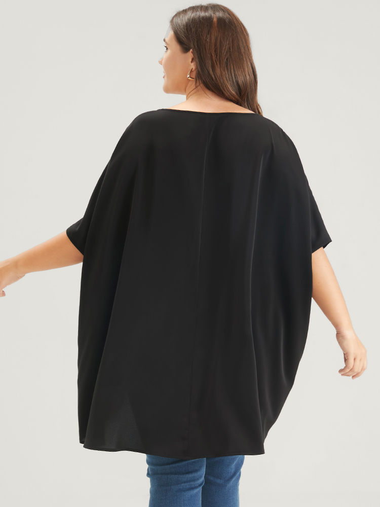 

Plus Size Black Plain Ruffles Asymmetrical Hem Dolman Sleeve Embroidered Blouse Women Casual Half Sleeve Round Neck Dailywear Blouses BloomChic