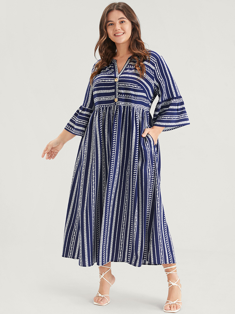 

Plus Size Striped Ruffles Button Pocket Bell Sleeve Maxi Dress DarkBlue Women Casual Printed V-neck Elbow-length sleeve Curvy Midi Dress BloomChic