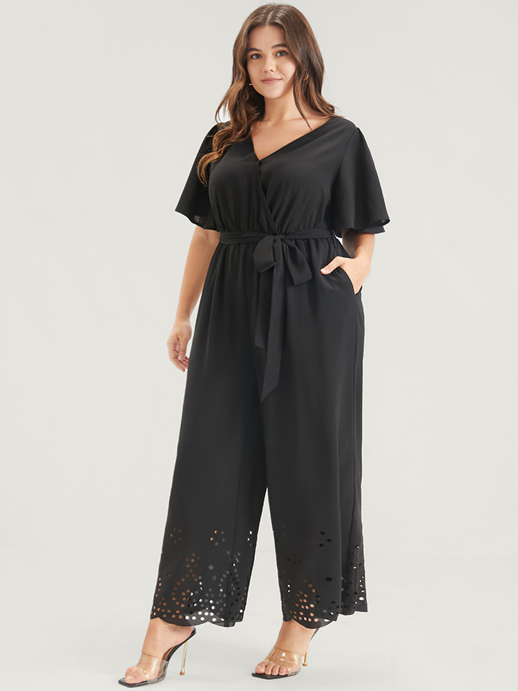 

Plus Size Black Plain Scalloped Pocket Ruffles Button Belted Laser Cut Wrap Jumpsuit Women Elegant Short sleeve V-neck Dailywear Loose Jumpsuits BloomChic