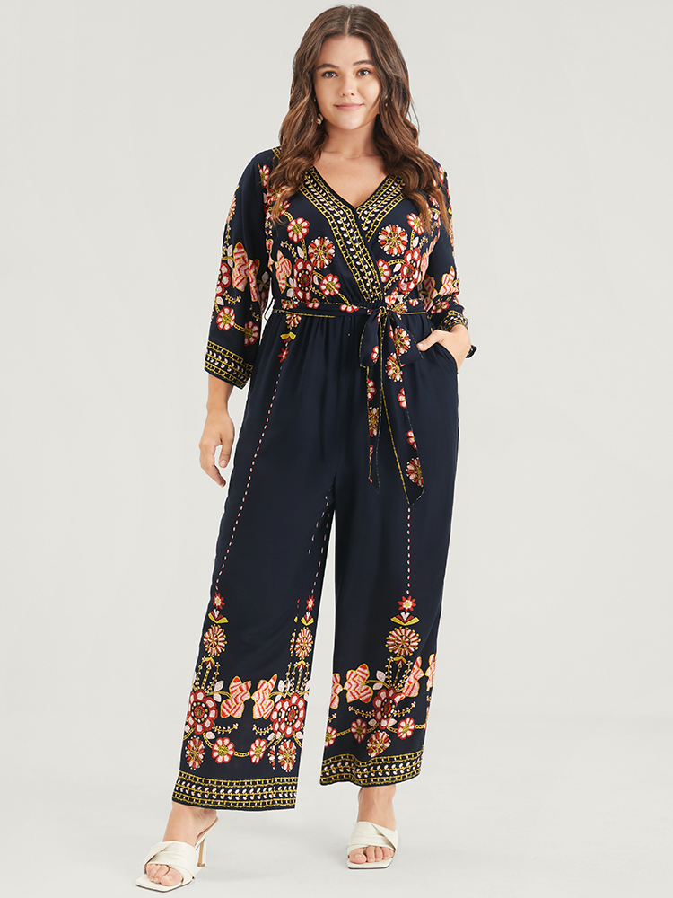 

Plus Size DarkBlue Random Floral Print Elastic Waist Pocket Belted Wrap Jumpsuit Women Vacation Elbow-length sleeve V-neck Dailywear Loose Jumpsuits BloomChic