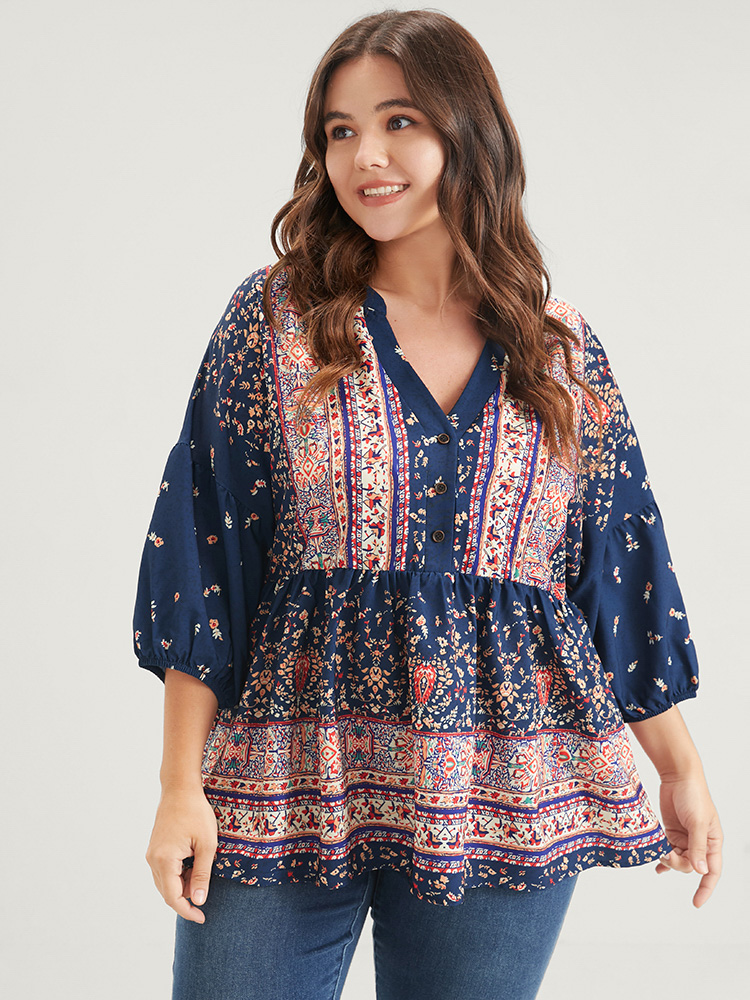 Plus Size DarkBlue Bandana Button Lantern Sleeve Ruffles Blouse Women Vacation Elbow-length sleeve V-neck Dailywear Blouses BloomChic 12/L 