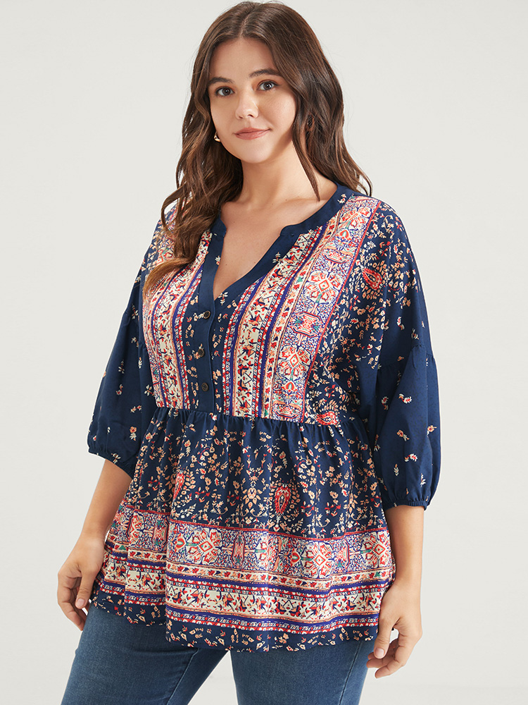Plus Size DarkBlue Bandana Button Lantern Sleeve Ruffles Blouse Women Vacation Elbow-length sleeve V-neck Dailywear Blouses BloomChic 12/L 