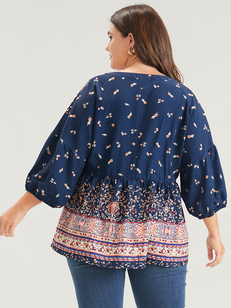 Plus Size DarkBlue Bandana Button Lantern Sleeve Ruffles Blouse Women Vacation Elbow-length sleeve V-neck Dailywear Blouses BloomChic 12/L 