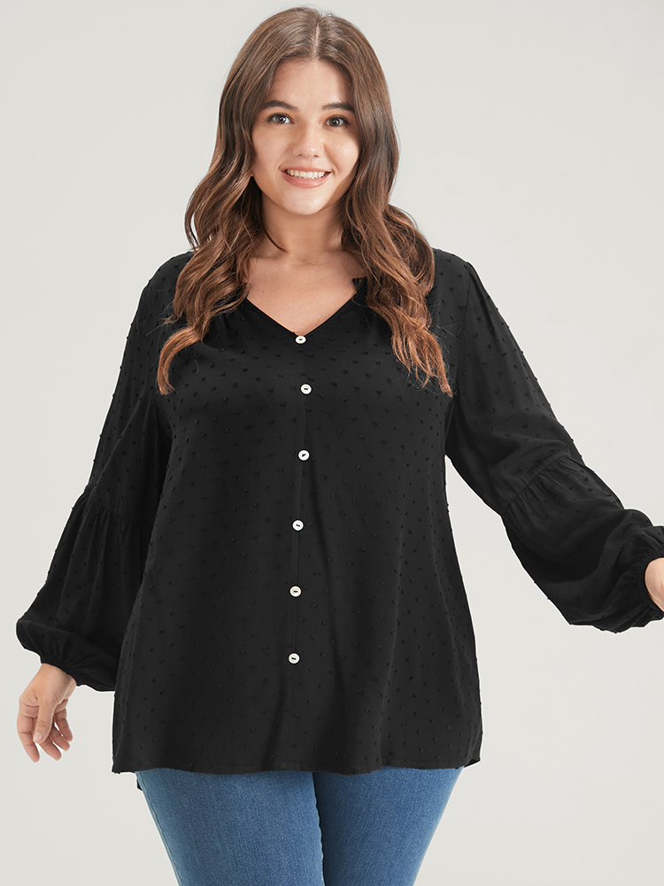 

Plus Size Black Solid Button Lantern Sleeve Polka Dot Blouse Women Basics Cap Sleeve V-neck Work Blouses BloomChic