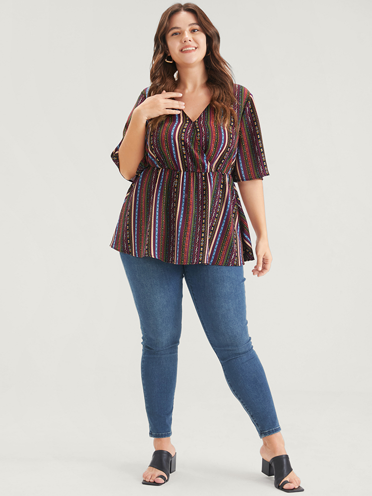 Plus Size Multicolor Striped Elastic Waist Button Ruffles Wrap Blouse Women Elegant Short sleeve V-neck Dailywear Blouses BloomChic 28/5X 