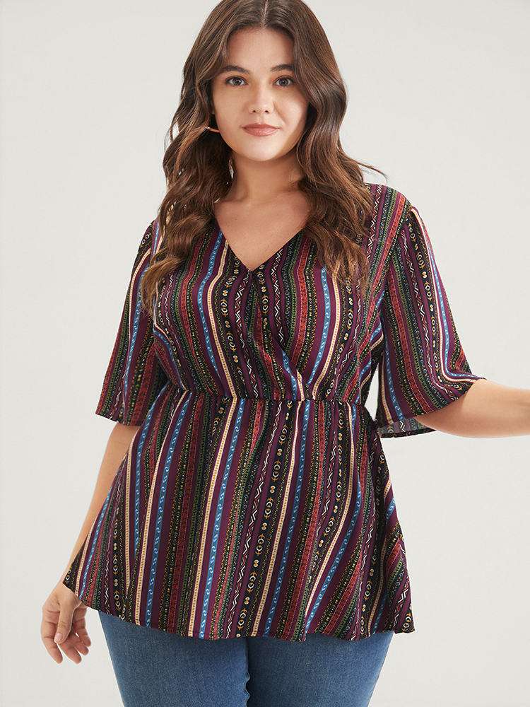 Plus Size Multicolor Striped Elastic Waist Button Ruffles Wrap Blouse Women Elegant Short sleeve V-neck Dailywear Blouses BloomChic 28/5X 