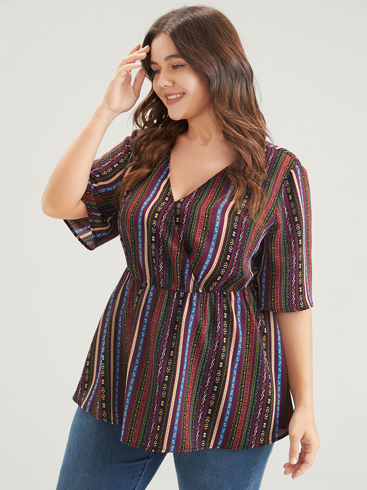 Plus Size Multicolor Striped Elastic Waist Button Ruffles Wrap Blouse Women Elegant Short sleeve V-neck Dailywear Blouses BloomChic 28/5X 