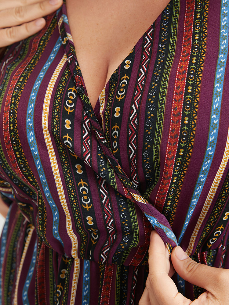 Plus Size Multicolor Striped Elastic Waist Button Ruffles Wrap Blouse Women Elegant Short sleeve V-neck Dailywear Blouses BloomChic 28/5X 