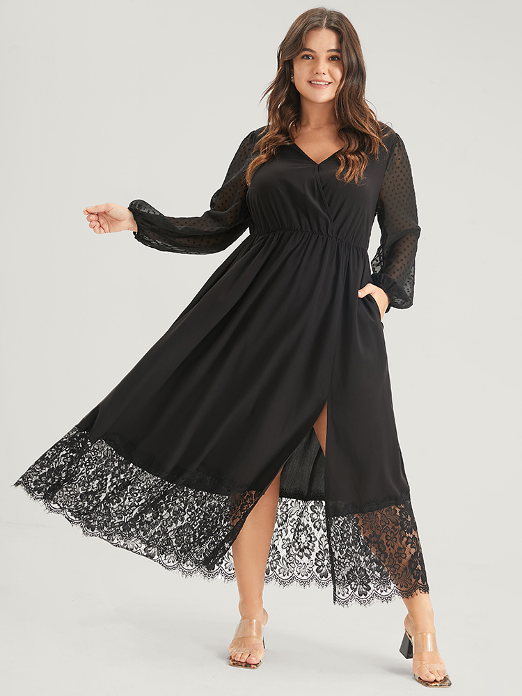 

Plus Size Solid Split Eyelet Lace Belted Pocket Button Wrap Maxi Dress Black Women Elegant Lace V-neck Long Sleeve Curvy Long Dress BloomChic