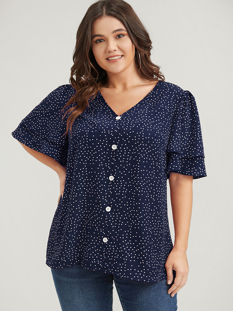 

Plus Size Navy Polka Dot Ruffle Sleeve Button Front Blouse Women Elegant Short sleeve V-neck Dailywear Blouses BloomChic