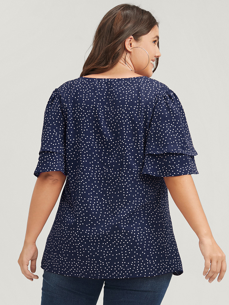 

Plus Size Navy Polka Dot Ruffle Sleeve Button Front Blouse Women Elegant Short sleeve V-neck Dailywear Blouses BloomChic