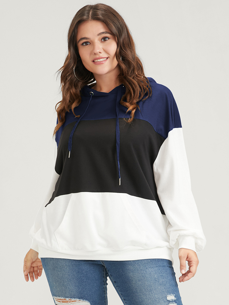 Plus Size Women Dailywear Colorblock Contrast Regular Regular Sleeve Long Sleeve Hooded Pocket Casual Sweatshirts BloomChic 