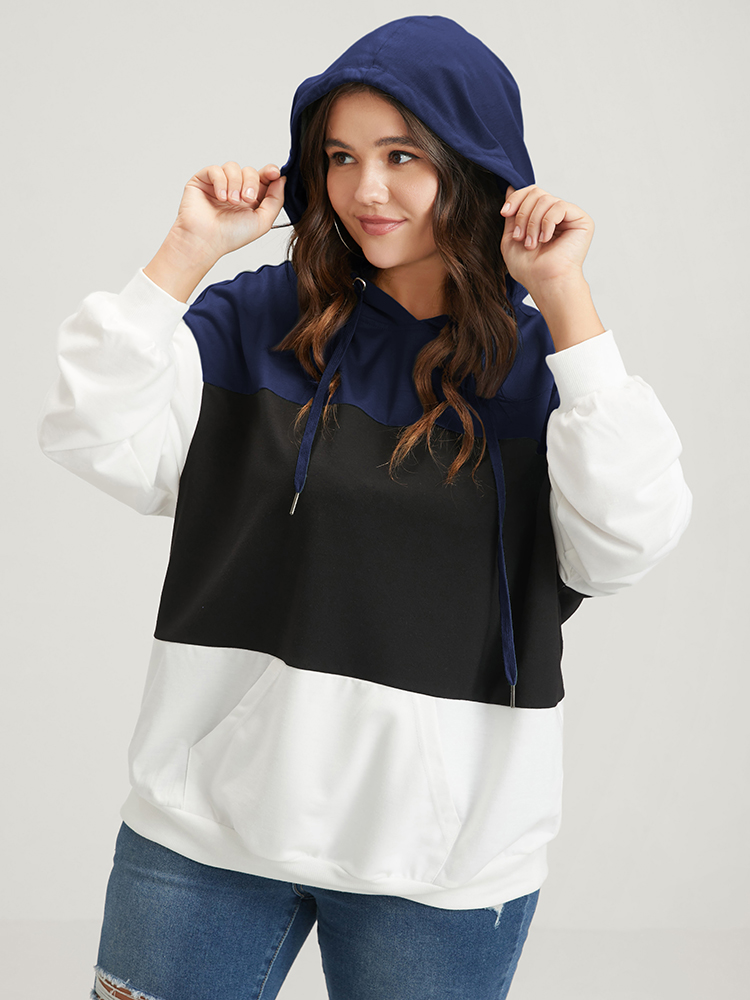 Plus Size Women Dailywear Colorblock Contrast Regular Regular Sleeve Long Sleeve Hooded Pocket Casual Sweatshirts BloomChic 