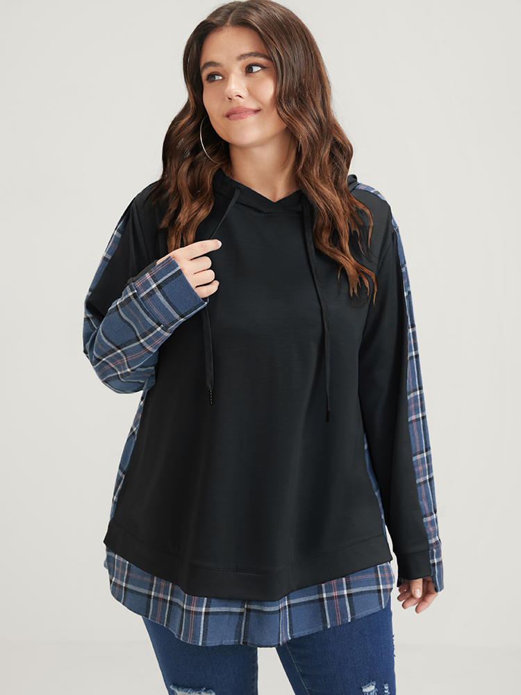 

Plus Size Plaid Contrast Asymmetrical Drawstring Hooded Sweatshirt Women Black Casual Contrast Loose Hooded Dailywear Sweatshirts BloomChic