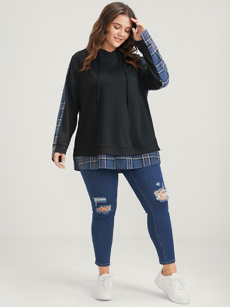 Plus Size Women Dailywear Plaid Contrast Loose Regular Sleeve Long Sleeve Hooded Casual Sweatshirts BloomChic 