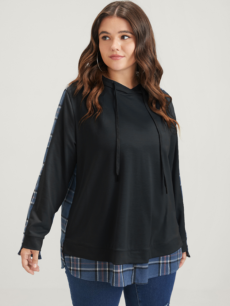 Plus Size Women Dailywear Plaid Contrast Loose Regular Sleeve Long Sleeve Hooded Casual Sweatshirts BloomChic 