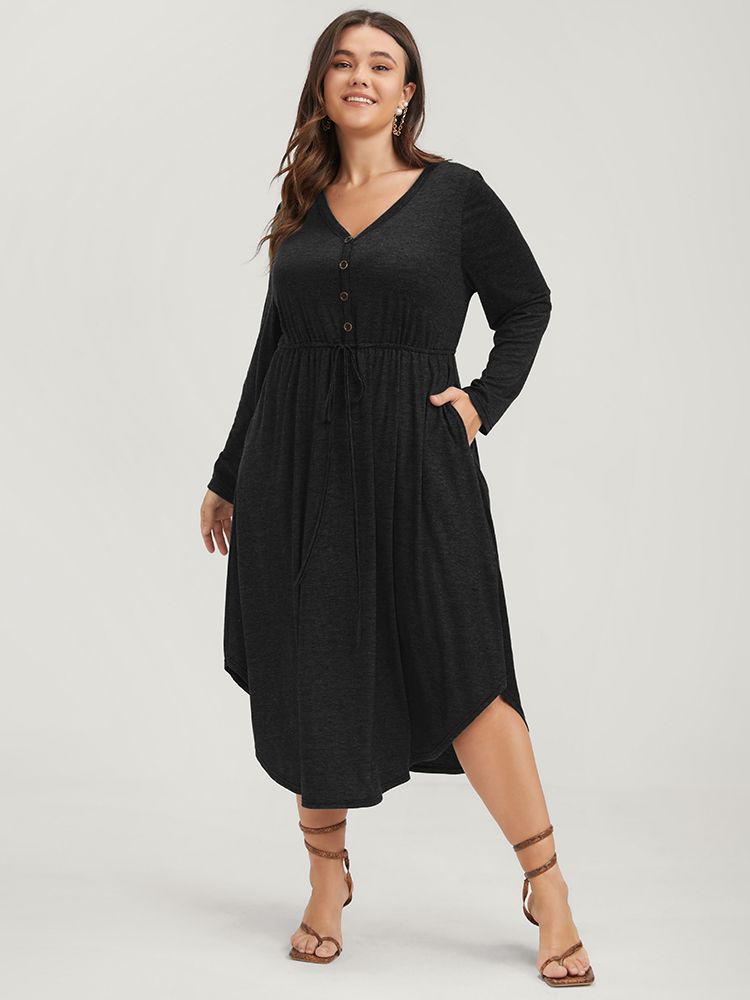 

Plus Size Solid Pocket Button Asymmetrical Hem Ties Midi Dress Black Women Casual Patchwork V-neck Long Sleeve Curvy Midi Dress BloomChic