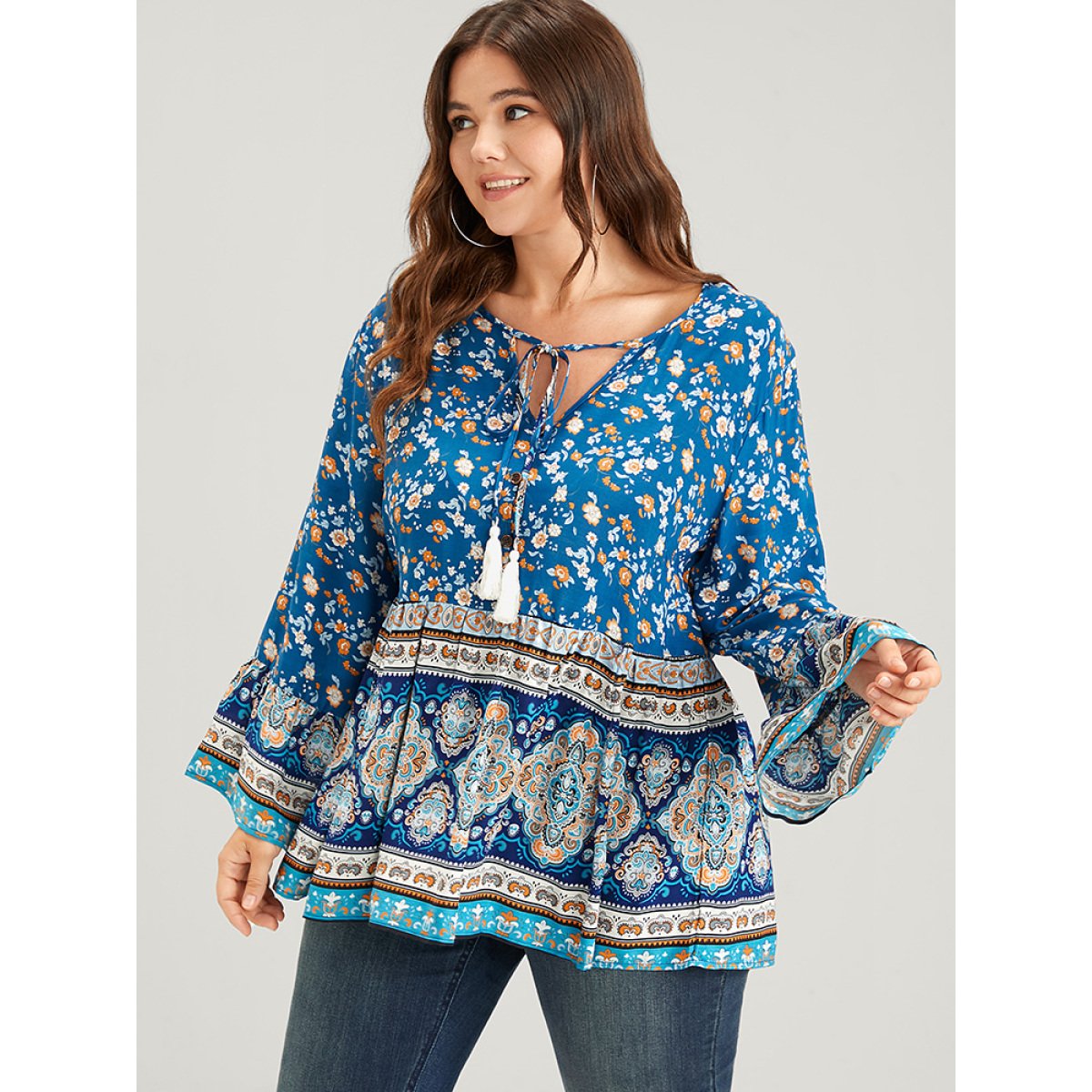 

Floral Print Bohemian Plus Size Women Vocation Sundress Tribal Ties Bell Sleeve V Neck Casual Blouses BloomChic, Blue
