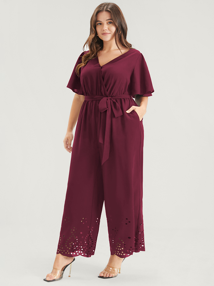 

Plus Size Maroon Plain Scalloped Pocket Ruffles Button Belted Laser Cut Wrap Jumpsuit Women Elegant Short sleeve V-neck Dailywear Loose Jumpsuits BloomChic