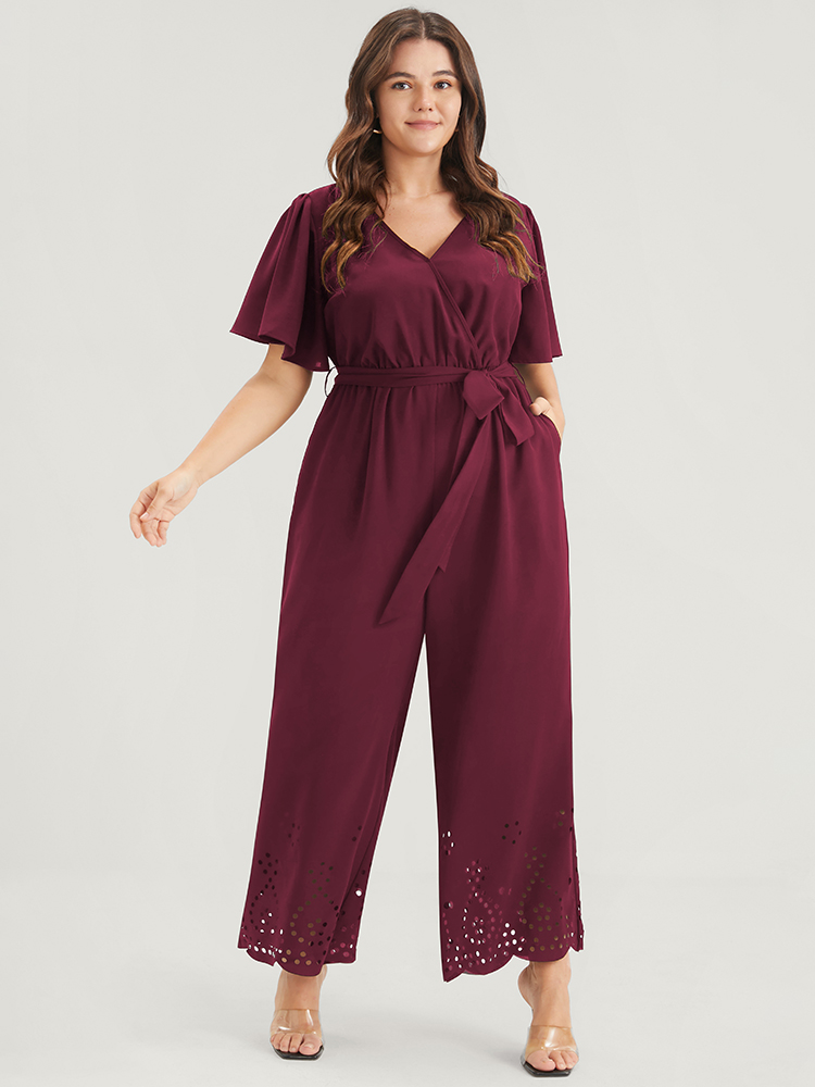 Plus Size Maroon Plain Scalloped Pocket Ruffles Button Belted Laser Cut Wrap Jumpsuit Women Elegant Short sleeve V-neck Dailywear Loose Jumpsuits BloomChic 30/6X 