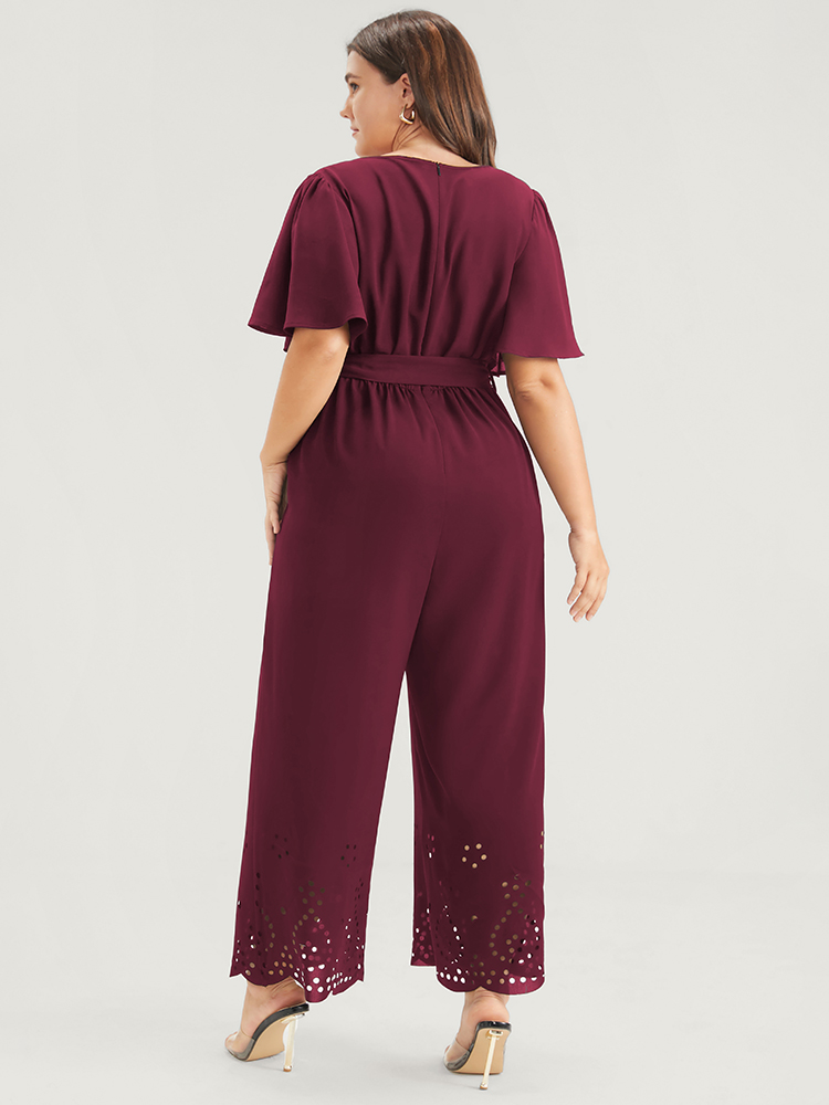 

Plus Size Maroon Plain Scalloped Pocket Ruffles Button Belted Laser Cut Wrap Jumpsuit Women Elegant Short sleeve V-neck Dailywear Loose Jumpsuits BloomChic