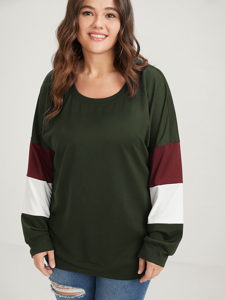 

Plus Size Colorblock Patchwork Round Neck Drop Shoulder Sweatshirt Women ArmyGreen Casual Contrast Round Neck Dailywear Sweatshirts BloomChic