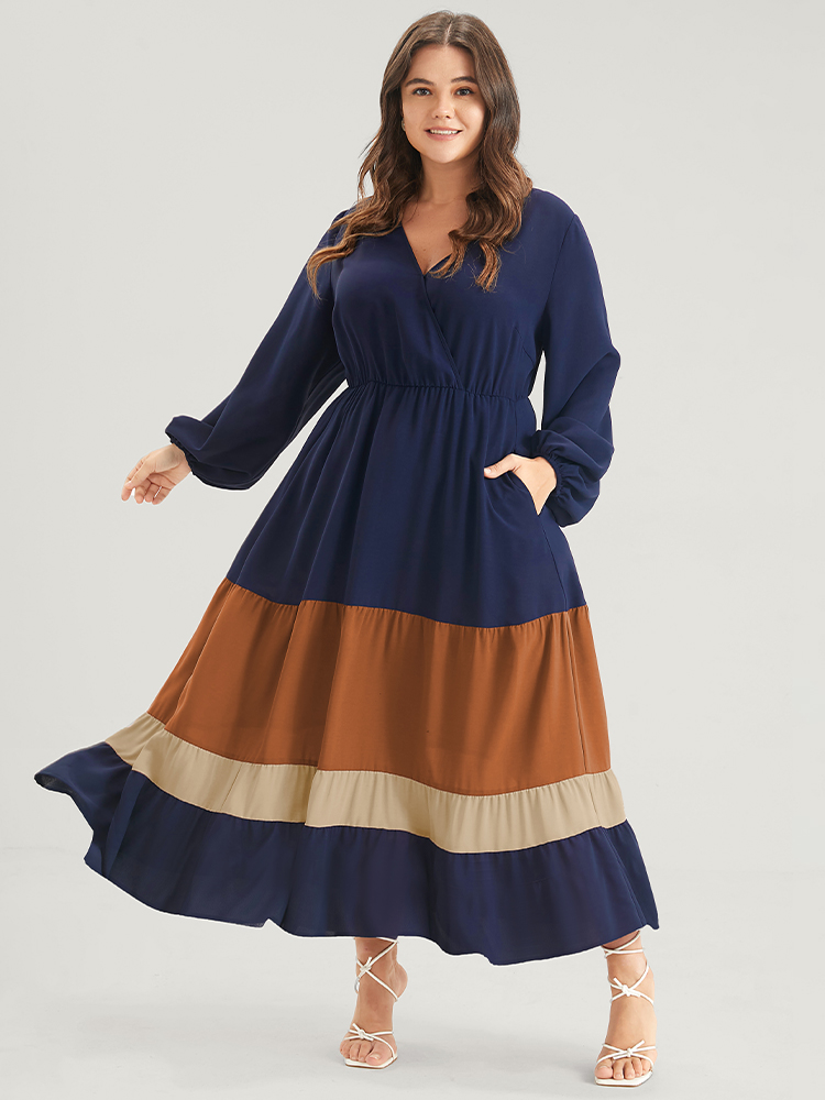 

Plus Size Bloom Dress -Colorblock Contrast Pocket Lantern Sleeve Flutter Surplice Neck Maxi Dress Bronze Women Elegant Patchwork V-neck Long Sleeve Curvy Long Dress BloomChic