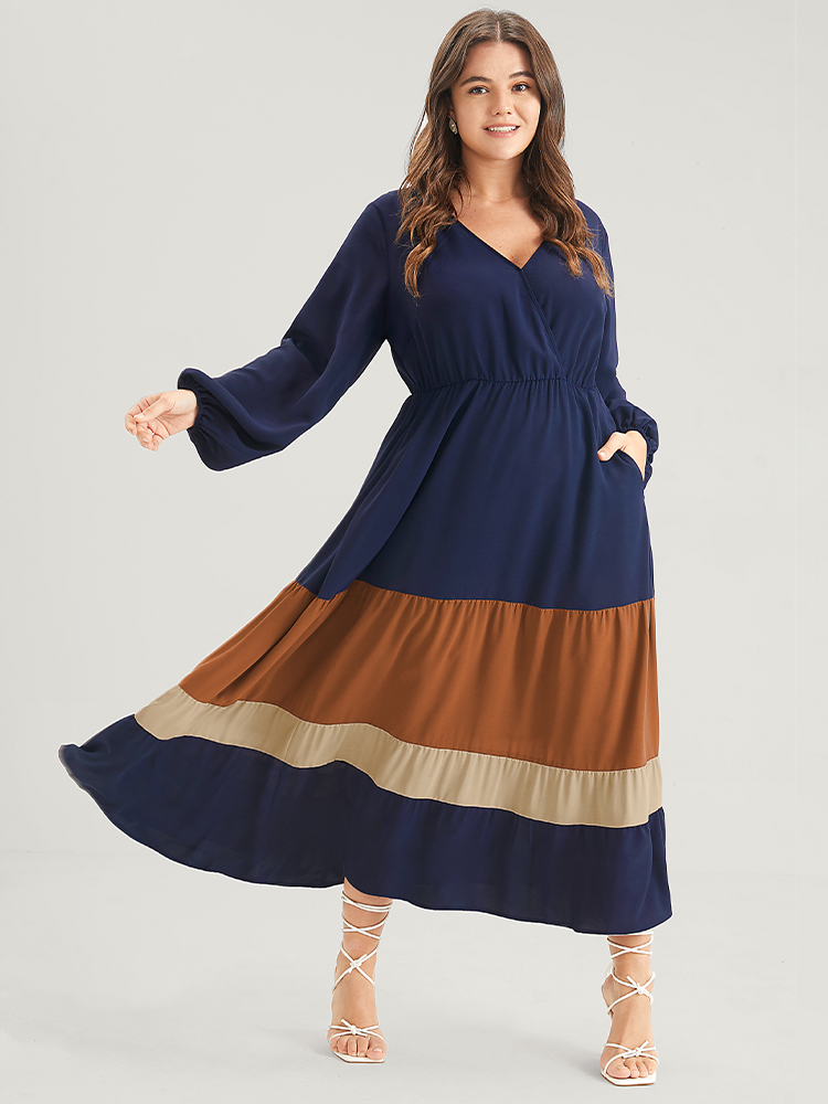 

Plus Size Bloom Dress -Colorblock Contrast Pocket Lantern Sleeve Flutter Surplice Neck Maxi Dress Bronze Women Elegant Patchwork V-neck Long Sleeve Curvy Long Dress BloomChic