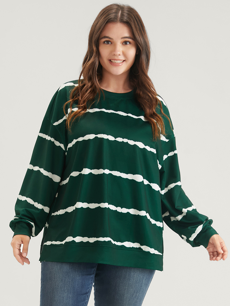 Plus Size Tie Dye Striped Side Split Drop Shoulder Sweatshirt Women Green Casual Tie Dye Loose Round Neck Dailywear Sweatshirts BloomChic 14-16/1X 