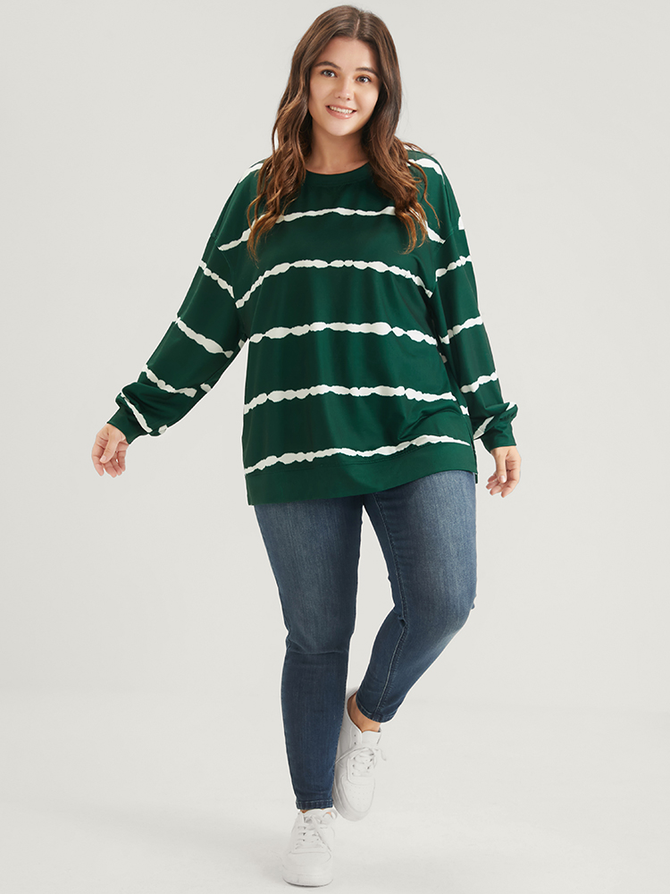 

Plus Size Tie Dye Striped Side Split Drop Shoulder Sweatshirt Women Green Casual Tie Dye Loose Round Neck Dailywear Sweatshirts BloomChic