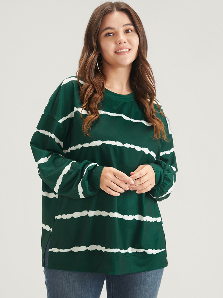 Plus Size Tie Dye Striped Side Split Drop Shoulder Sweatshirt Women Green Casual Tie Dye Loose Round Neck Dailywear Sweatshirts BloomChic 14-16/1X 