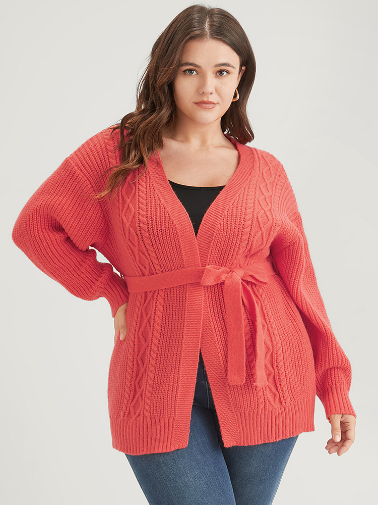 

Plus Size Plain Pointelle Knit Geometric Eyelet Belted Open Front Cardigan OrangeRed Women Elegant Loose Long Sleeve Dailywear Cardigans BloomChic