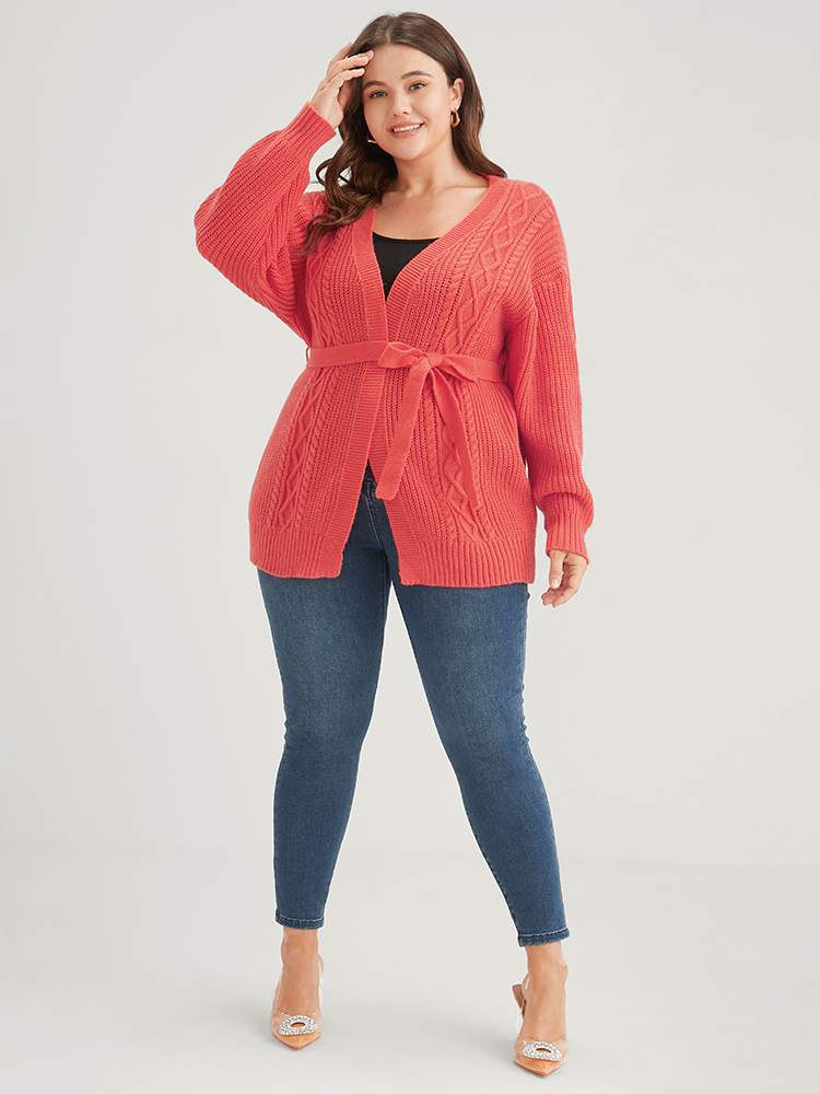 Plus Size Plain Pointelle Knit Geometric Eyelet Belted Open Front Cardigan OrangeRed Women Elegant Loose Long Sleeve Dailywear Cardigans BloomChic 14-16/1X 