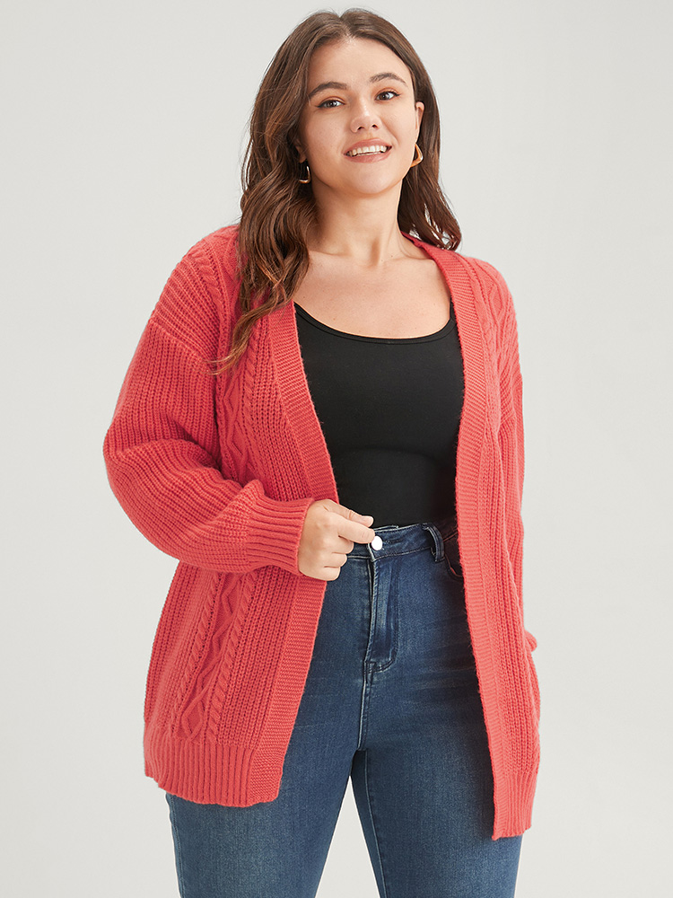 Plus Size Plain Pointelle Knit Geometric Eyelet Belted Open Front Cardigan OrangeRed Women Elegant Loose Long Sleeve Dailywear Cardigans BloomChic 14-16/1X 