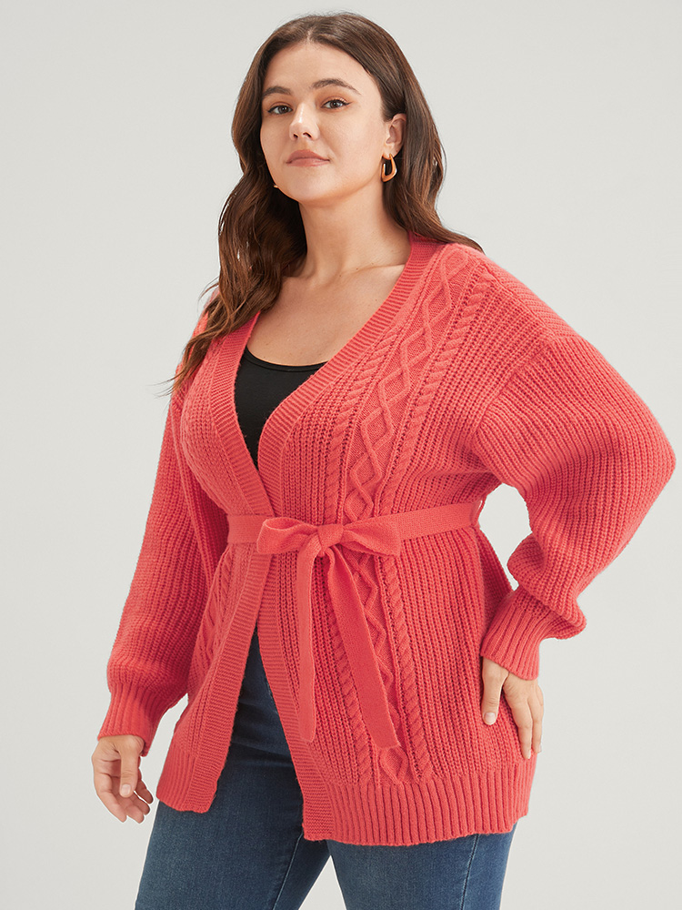 Plus Size Plain Pointelle Knit Geometric Eyelet Belted Open Front Cardigan OrangeRed Women Elegant Loose Long Sleeve Dailywear Cardigans BloomChic 14-16/1X 