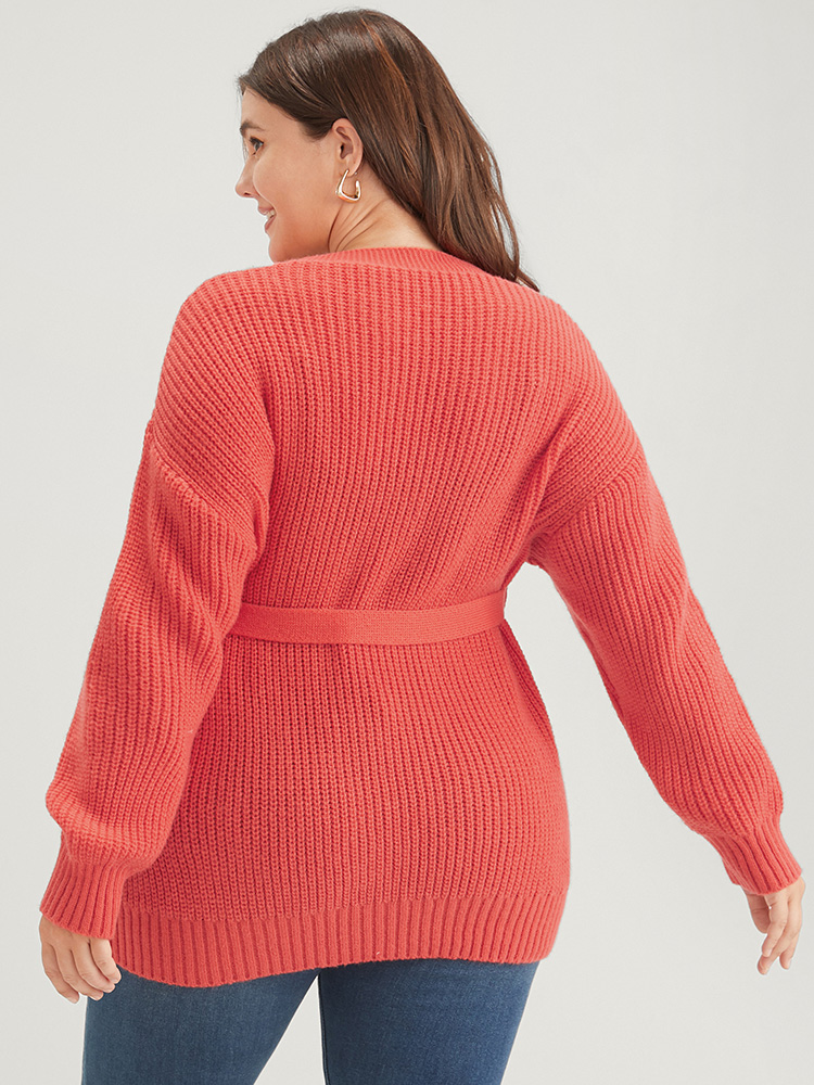 

Plus Size Plain Pointelle Knit Geometric Eyelet Belted Open Front Cardigan OrangeRed Women Elegant Loose Long Sleeve Dailywear Cardigans BloomChic