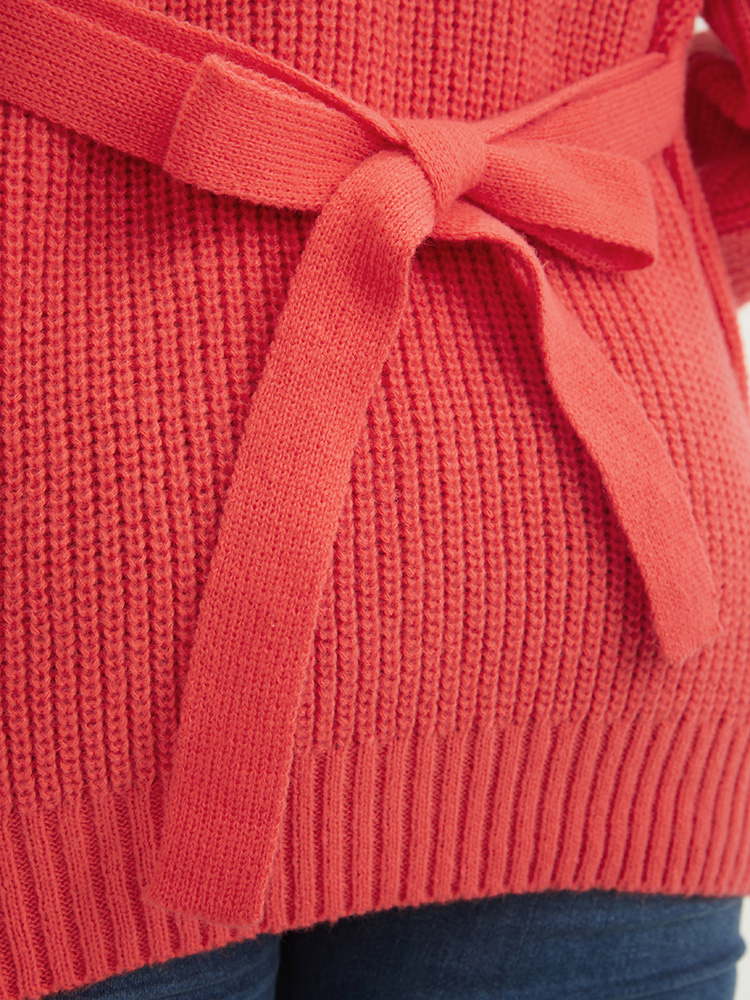 Plus Size Plain Pointelle Knit Geometric Eyelet Belted Open Front Cardigan OrangeRed Women Elegant Loose Long Sleeve Dailywear Cardigans BloomChic 14-16/1X 