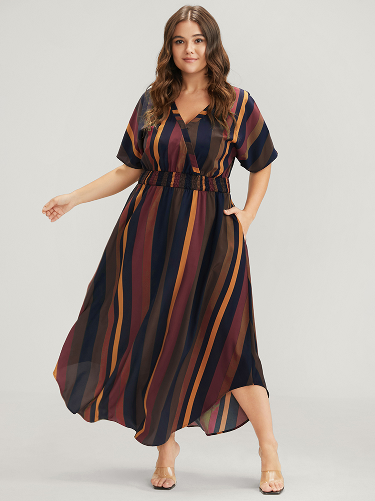 

Striped Patchwork Plus Size Women Elegant Dress Regular Dolman Half Sleeve V Neck Pocket Vacation Dresses BloomChic, Brown