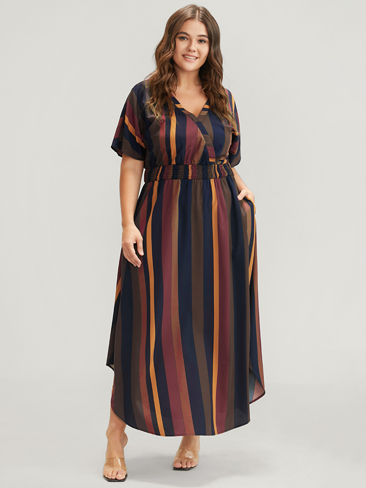 

Striped Patchwork Plus Size Women Elegant Dress Regular Dolman Half Sleeve V Neck Pocket Vacation Dresses BloomChic, Brown