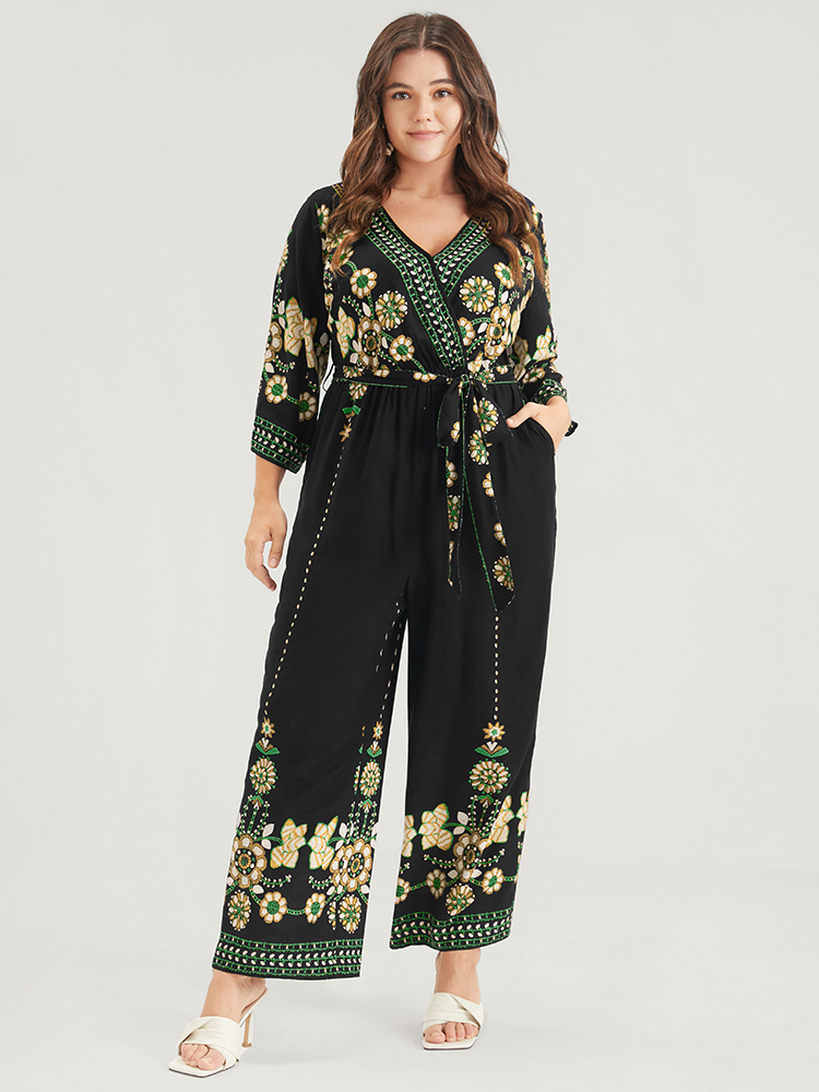 

Plus Size Black Random Floral Print Elastic Waist Pocket Belted Wrap Jumpsuit Women Vacation Elbow-length sleeve V-neck Dailywear Loose Jumpsuits BloomChic