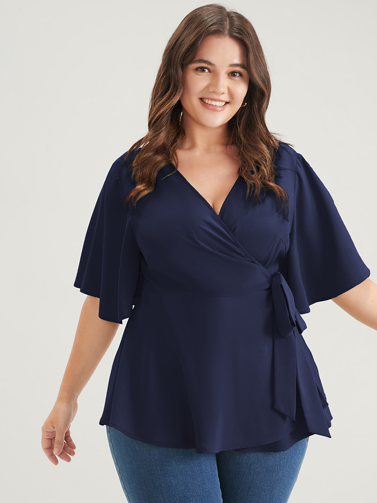 

Plus Size Indigo Plain Ruffles Button Belted Wrap Babydoll Blouse Women Elegant Short sleeve V-neck Dailywear Blouses BloomChic